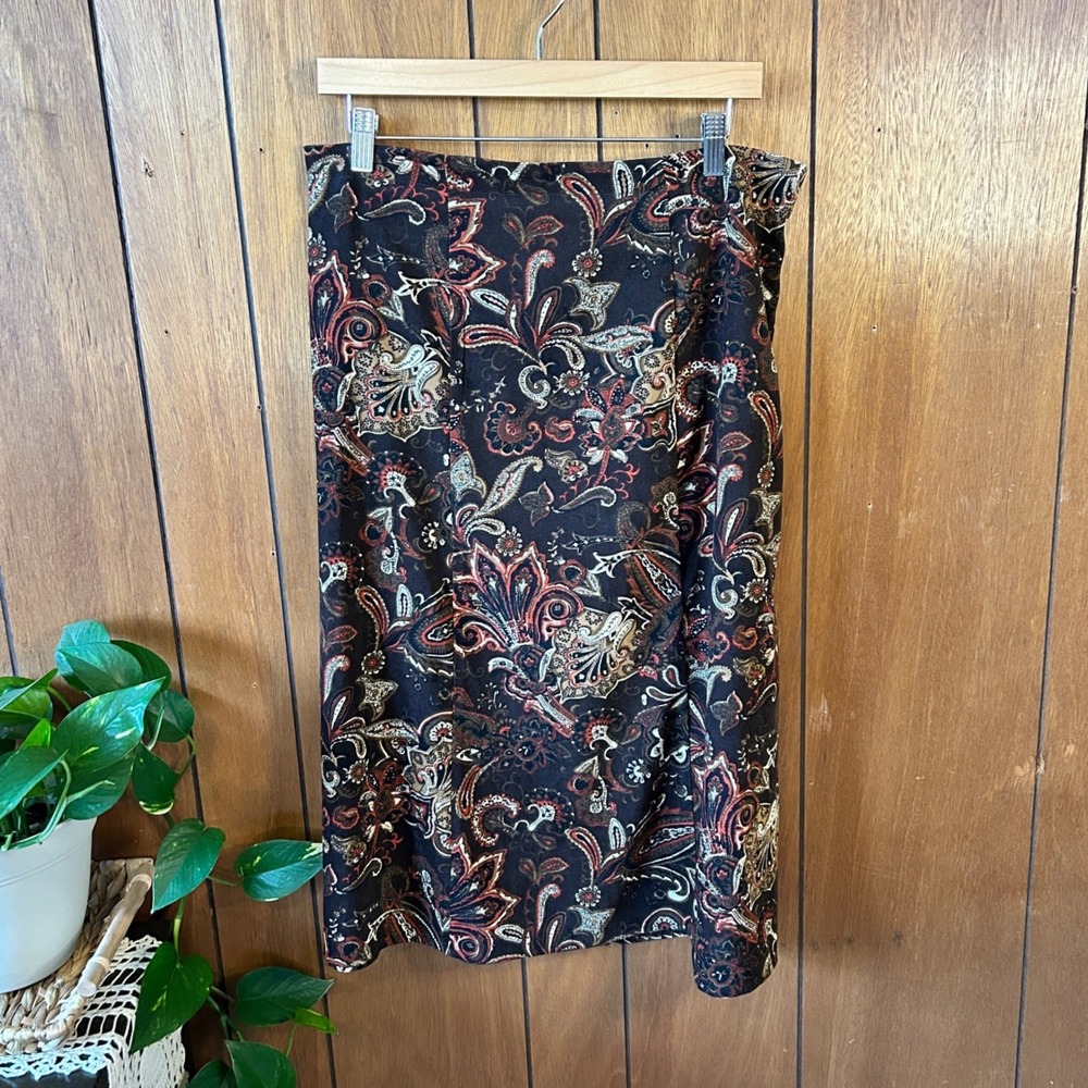 Vintage Notations Petite Brown Paisley Midi Skirt Side Zip Elastic Waist Boho